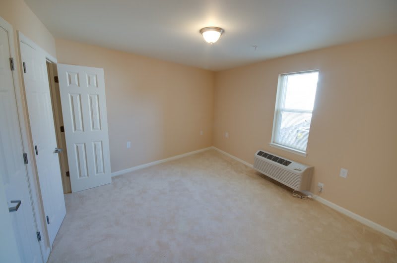 An empty room with beige walls, carpeted floor, window, and ceiling light fixture.