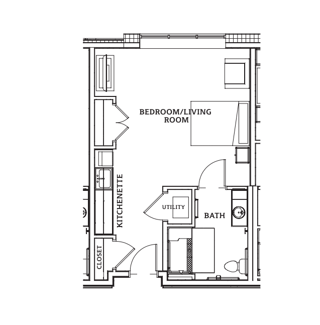 A floor plan showcasing the layout of a one-bedroom apartment with a living room and bathroom.