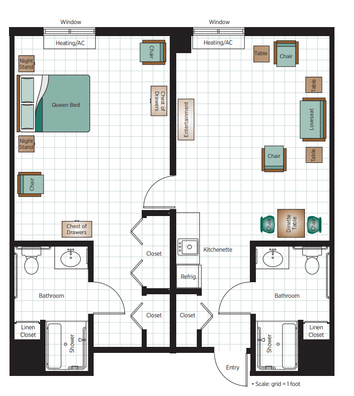 A floor plan of a two-bedroom apartment with separate living areas and bathrooms.