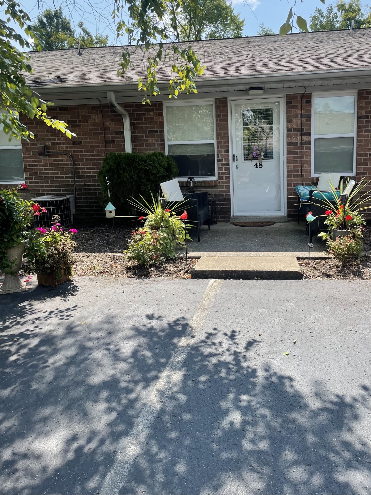 A cozy brick house entrance decorated with plants and flowers under the sunlight.