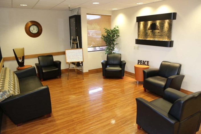 A modern waiting room with black armchairs, hardwood flooring, and a decorative plant.