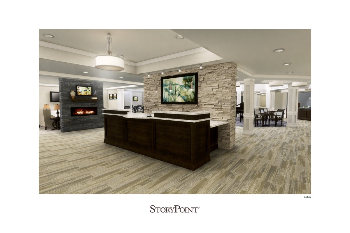 A modern reception area with a central stone wall and wood flooring, featuring stylish lighting and seating.
