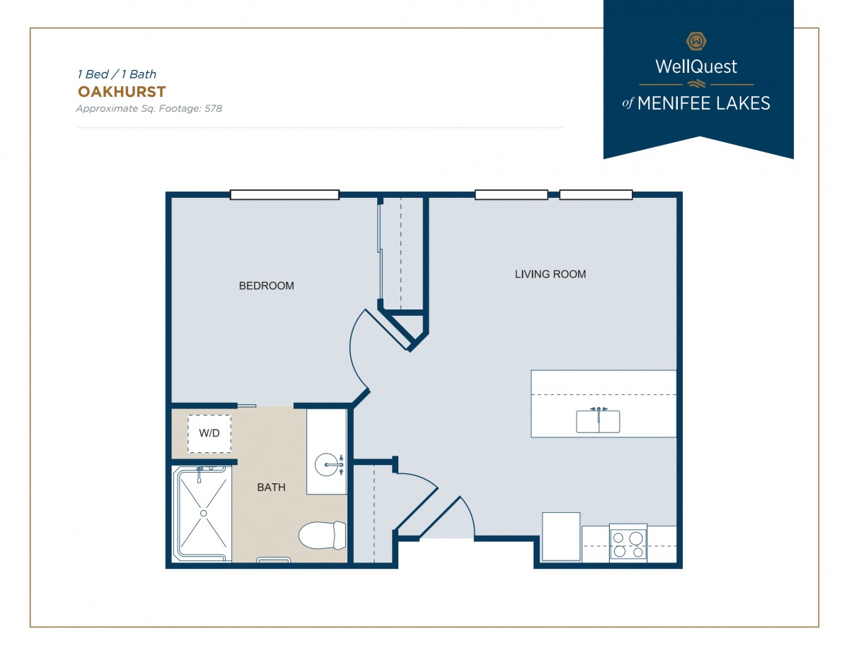 A floor plan depicting a one-bedroom apartment with a living room, kitchen, and bathroom.