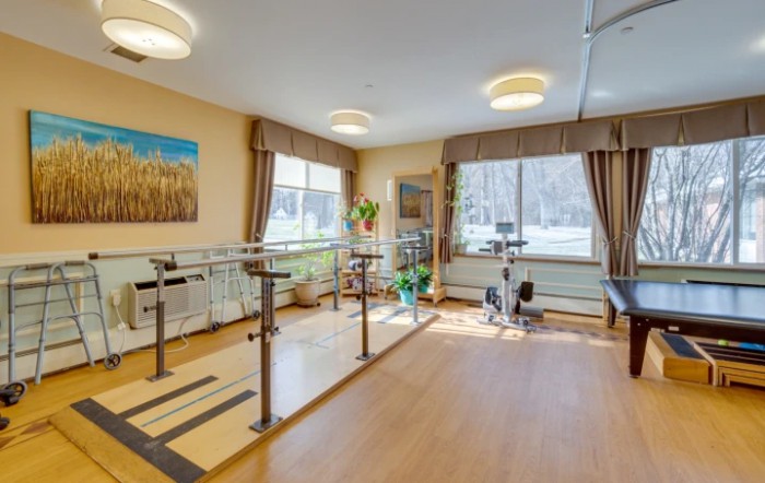 A well-lit rehabilitation room with exercise equipment and parallel bars, featuring large windows and plants.