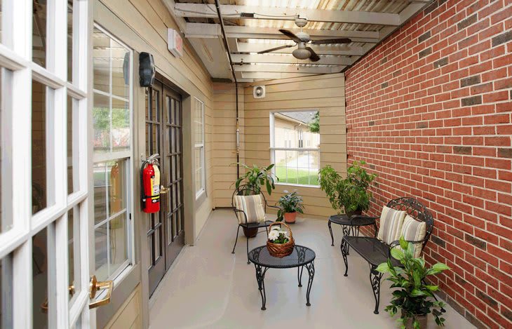 A cozy patio with plants, outdoor seating, and a ceiling fan.