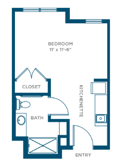 Studio apartment floor plan with a bedroom, kitchenette, closet, and bathroom.
