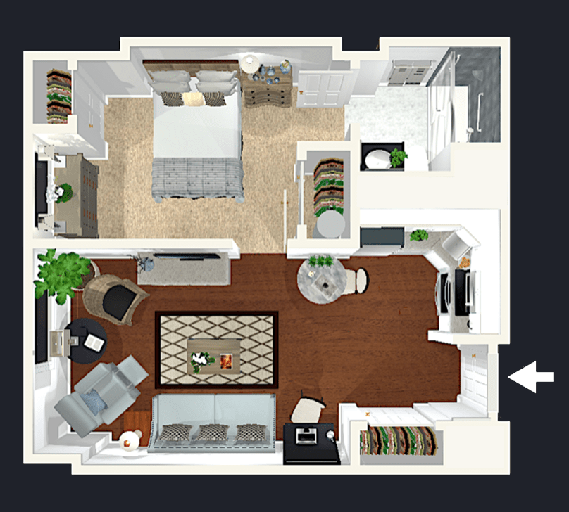 A detailed floor plan of an apartment showing the arrangement of furniture and different rooms.