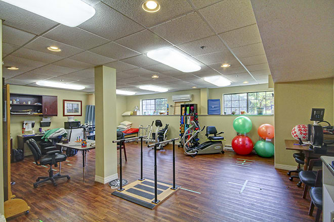 A fitness and rehabilitation center equipped with various exercise machines and therapy balls.
