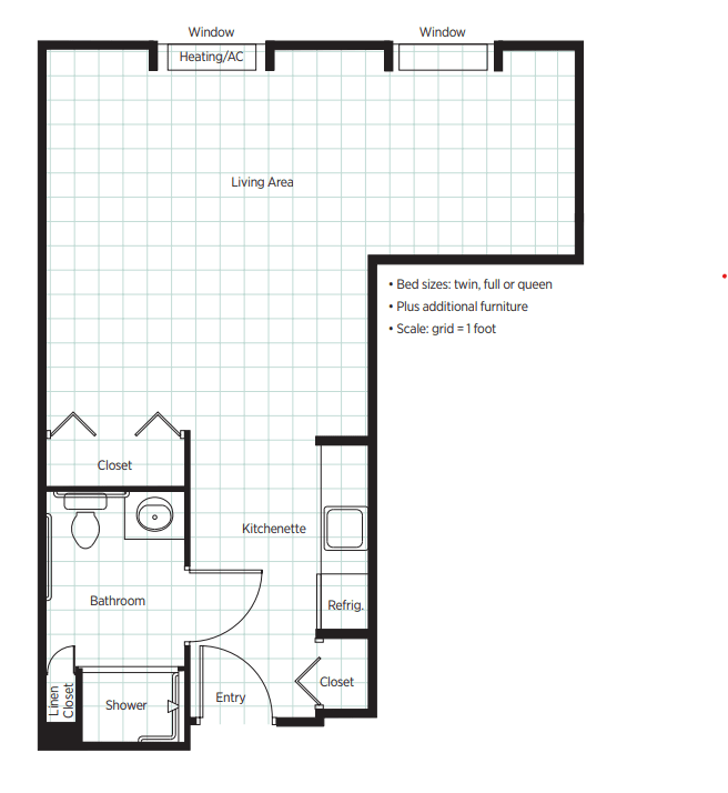 Studio apartment floor plan with designated kitchen, bathroom, and closet areas.