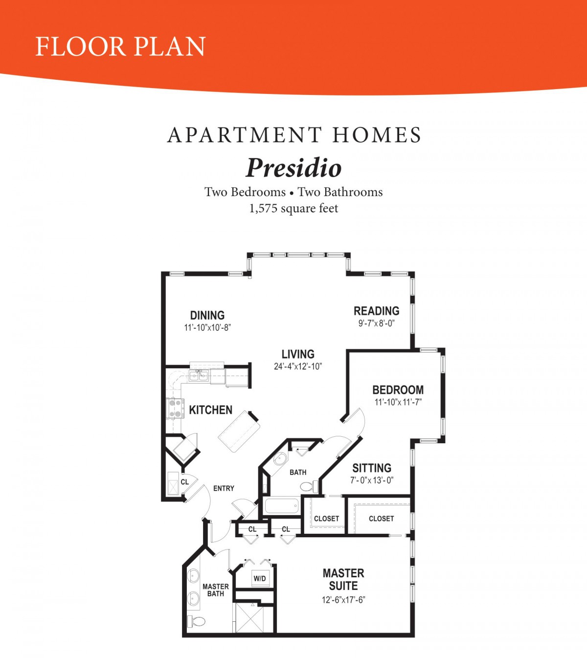 A floor plan of the Presidio apartment home featuring two bedrooms and two bathrooms.