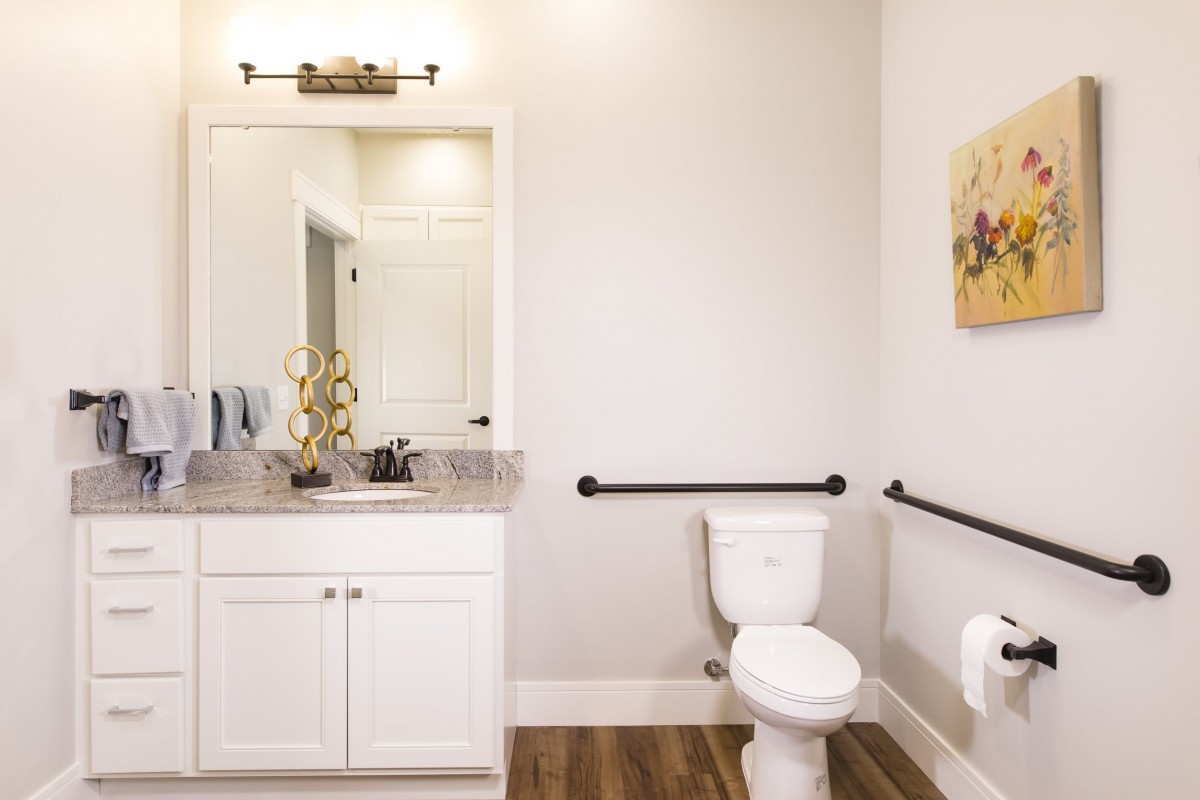 A modern and clean bathroom featuring a sink with a mirror, toilet, and decorative elements.