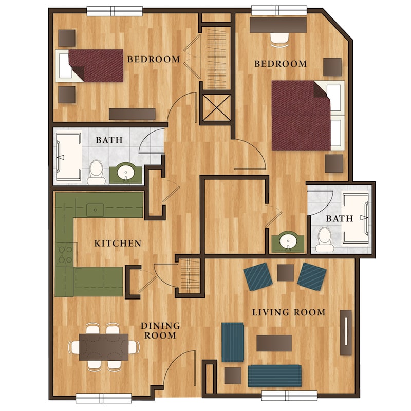 A floor plan of an apartment featuring two bedrooms, two bathrooms, a living room, and a kitchen.