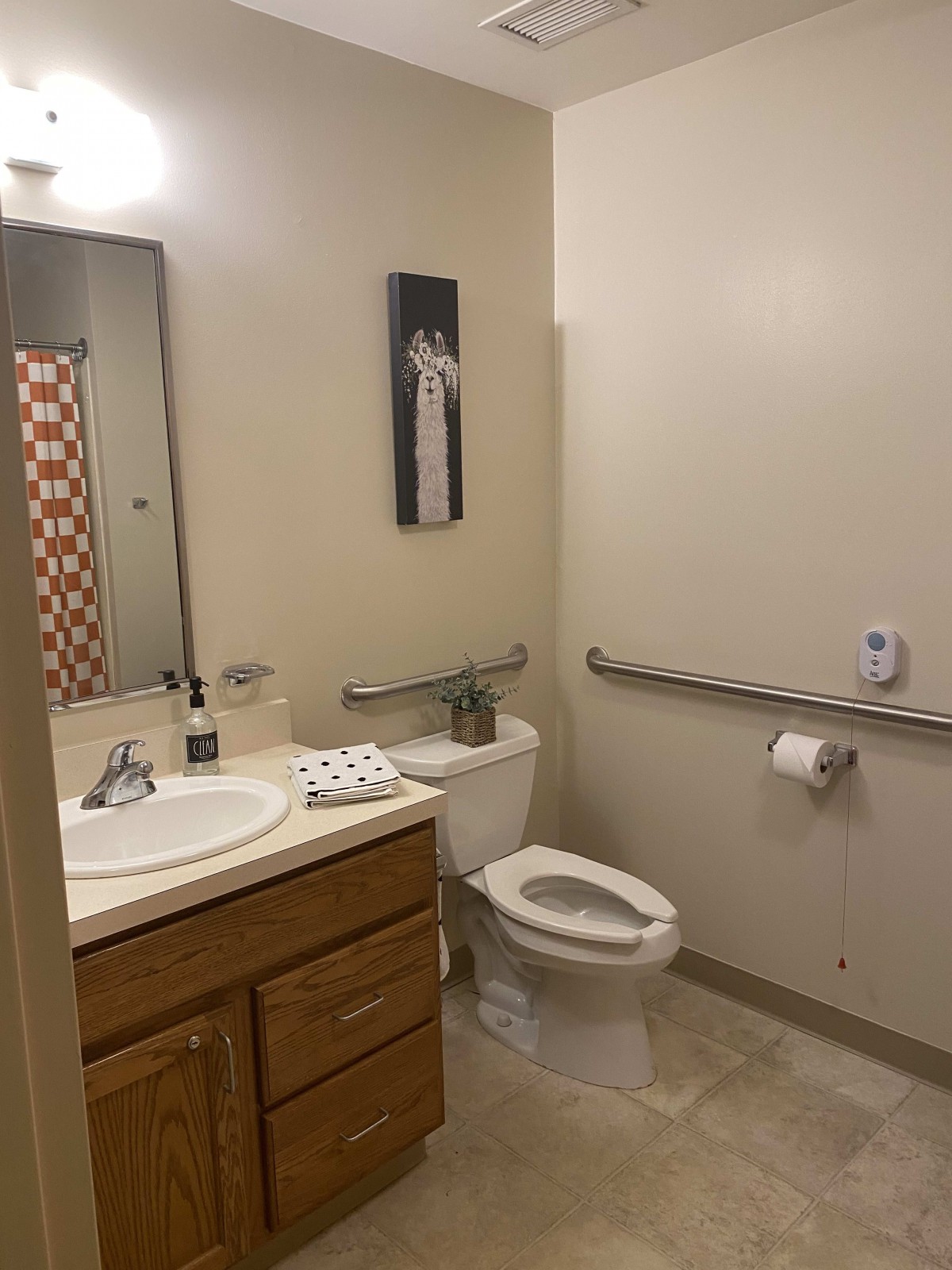A clean bathroom with a sink, mirror, toilet, and safety handrail.
