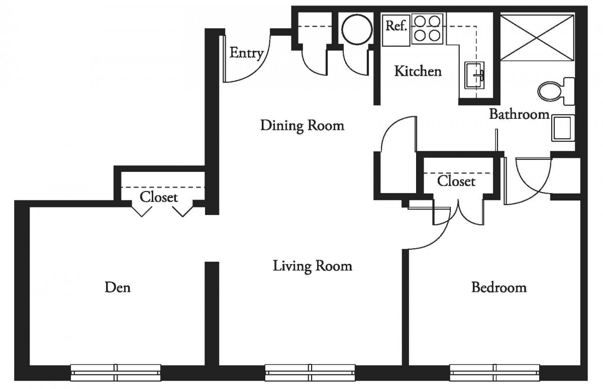 A detailed floor plan showing the layout of an apartment with designated areas for a kitchen, dining room, living room, bedroom, bathroom, den, and closets.