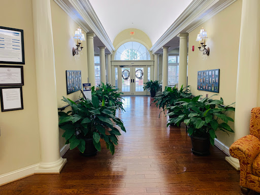 A beautifully designed hallway featuring elegant lighting and lush plants, leading to a large entrance.
