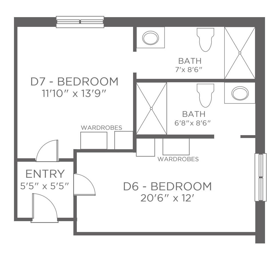 A floor plan showing two bedrooms, two bathrooms, and an entryway.