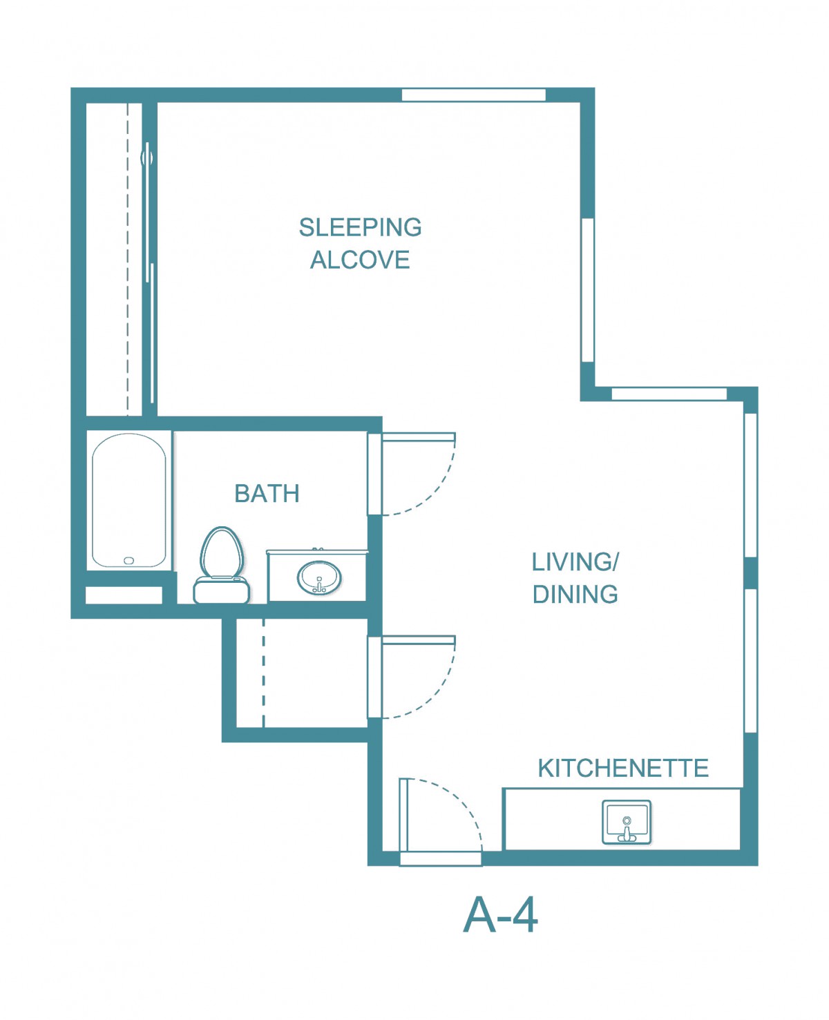 Studio apartment floor plan with sleeping alcove, bath, living/dining area, and kitchenette.