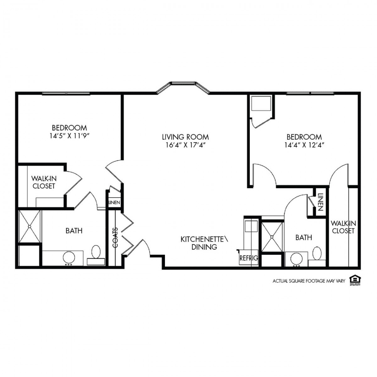 A floor plan of a two-bedroom apartment, showing the layout of rooms and facilities.