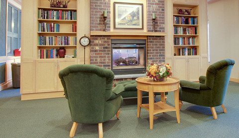 A cozy living room with a fireplace, surrounded by bookshelves and comfortable armchairs.