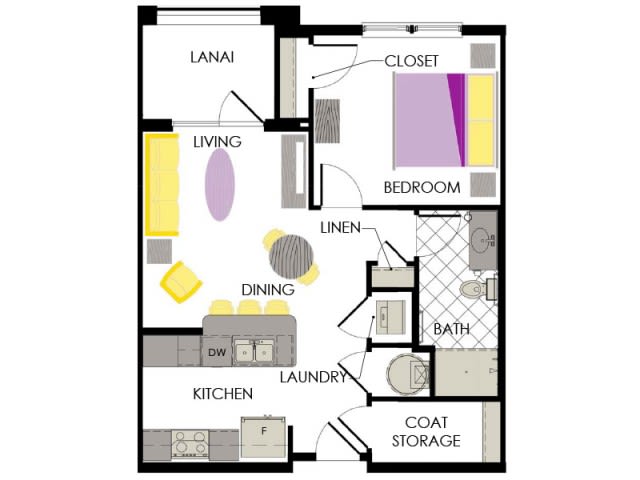 This image shows a floor plan of a one-bedroom apartment with labeled areas including living room, bedroom, kitchen, dining, bathroom, and a patio.