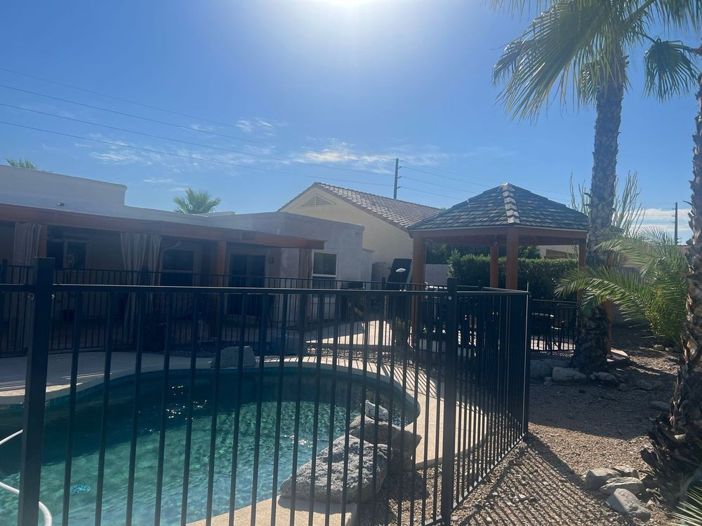 A sunny day by the outdoor pool with a surrounding fence and a palm tree.