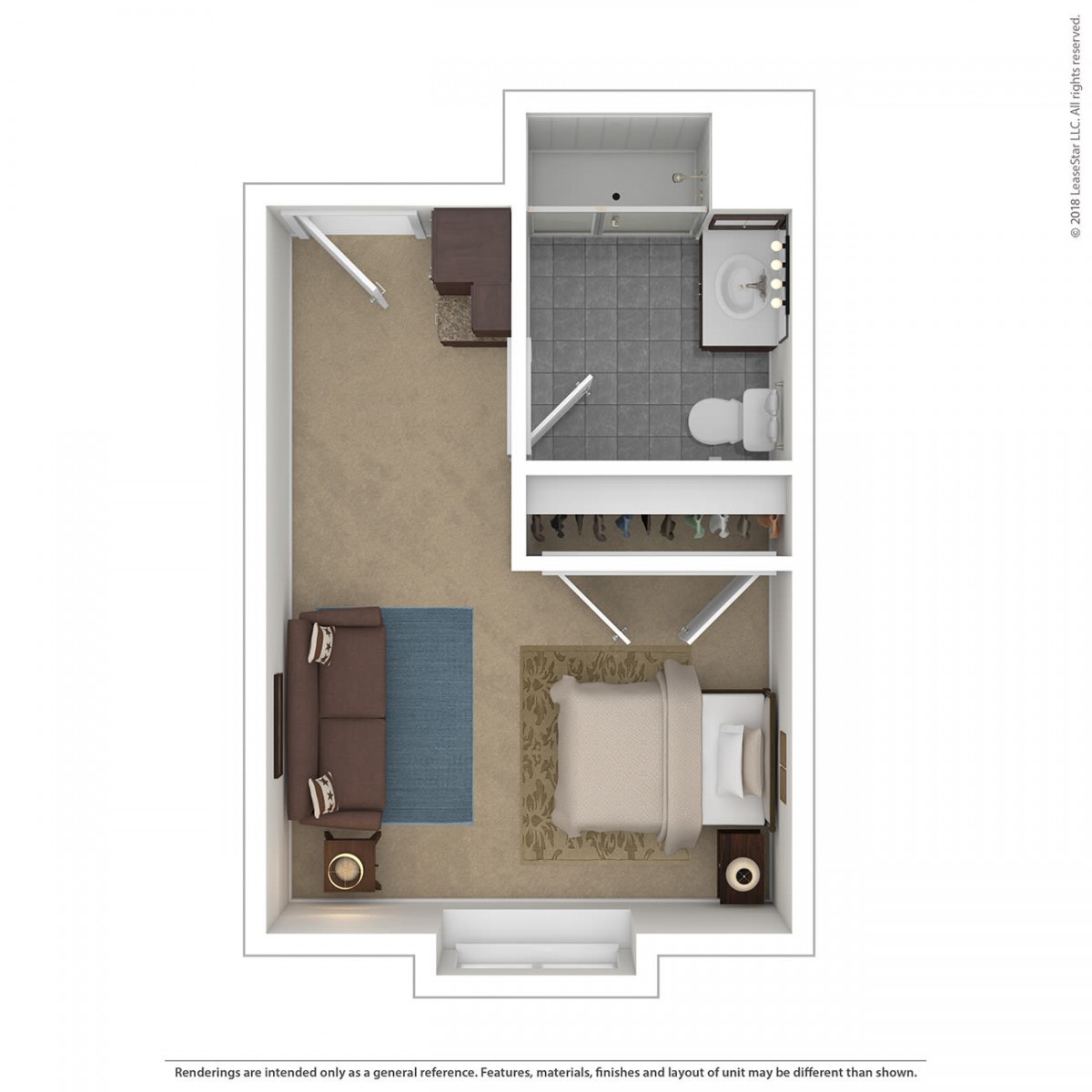 A compact floor plan of a one-bedroom apartment featuring a bedroom, bathroom, and living area.