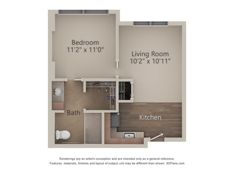 One-bedroom apartment floor plan with labeled dimensions.