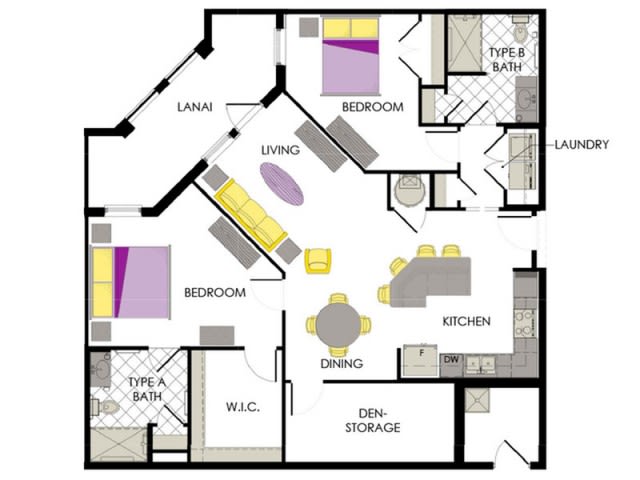 A detailed floor plan of a multi-bedroom apartment, including living areas, kitchen, and bathrooms.