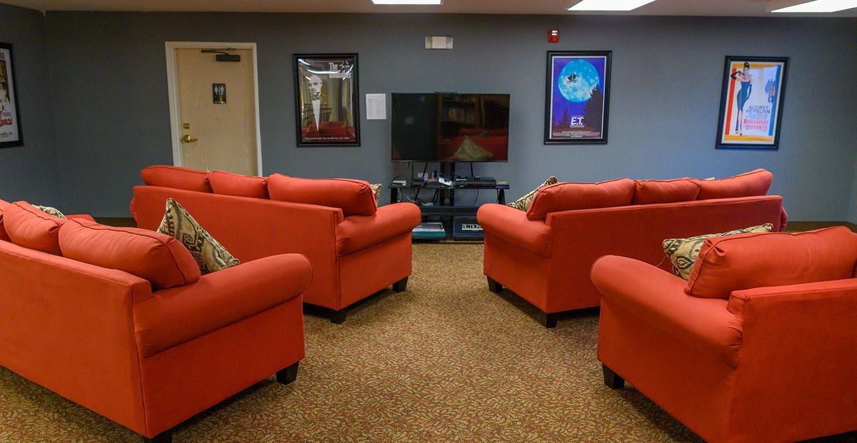 A cozy lounge area with red sofas arranged around a television, complemented by wall art and a carpeted floor.
