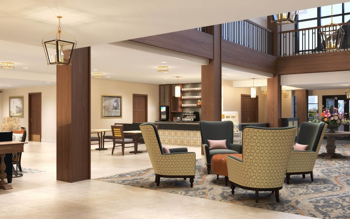 A modern lobby with comfortable seating and elegant decor.
