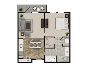 A detailed floor plan of a one-bedroom apartment, featuring a living room, kitchen, and bathroom.