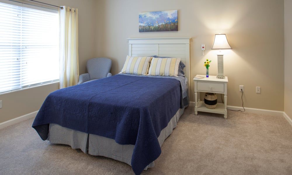 A cozy bedroom with a blue bedspread, nightstand, and lamp.