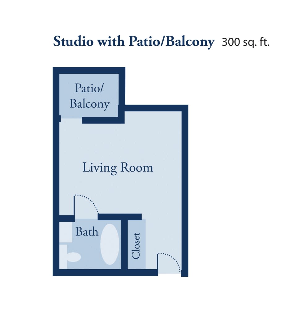 Floor plan of a 399 sq. ft. studio apartment with a patio/balcony.