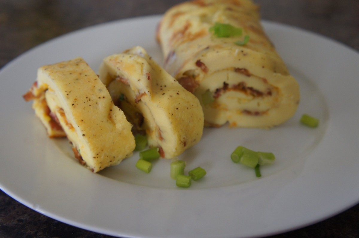 A savory roll sliced on a plate, garnished with green onions.