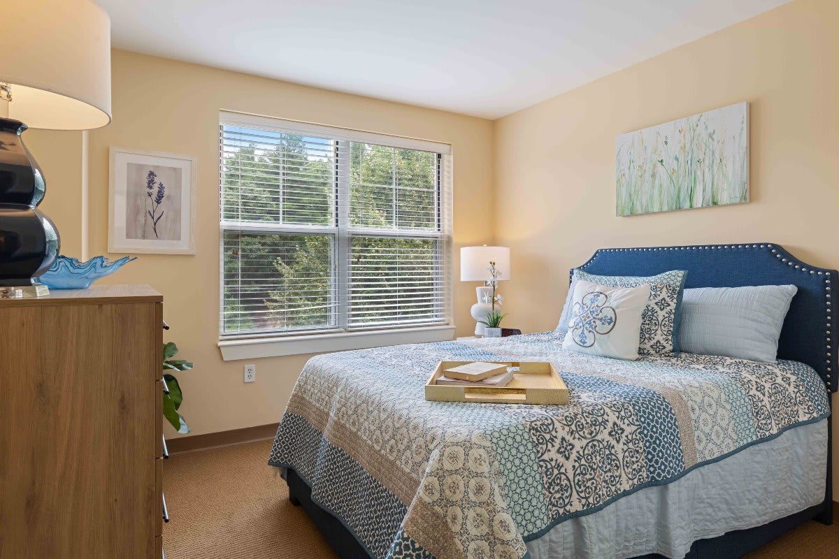 A cozy bedroom with a neatly made bed, decorated with patterned bedding and complemented by soft lighting from a bedside lamp.