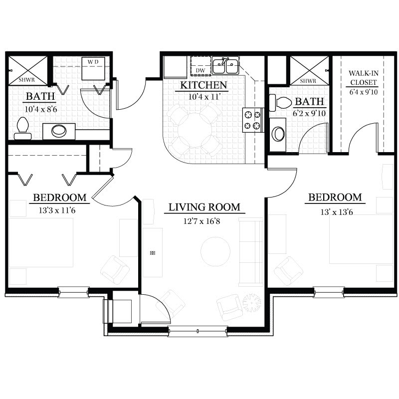 A detailed floor plan of a two-bedroom apartment including living room, kitchen, and two bathrooms.