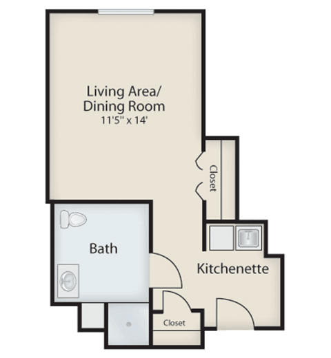 A simple floor plan of an apartment featuring a living/dining area, kitchenette, and bathroom.