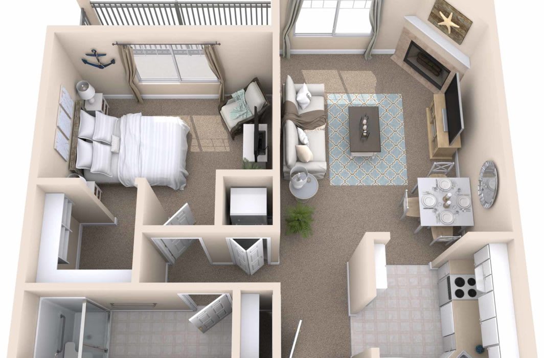 A detailed floor plan of a modern apartment with a bedroom, living room, kitchen, and bathroom.