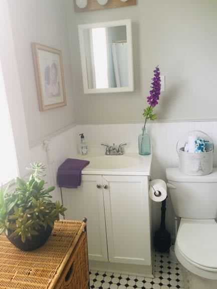 A small, neatly organized bathroom with a white sink and cabinet, decorated with a purple flower and a green plant.