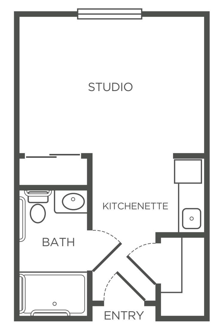 A compact studio apartment floor plan featuring a bath and kitchenette.