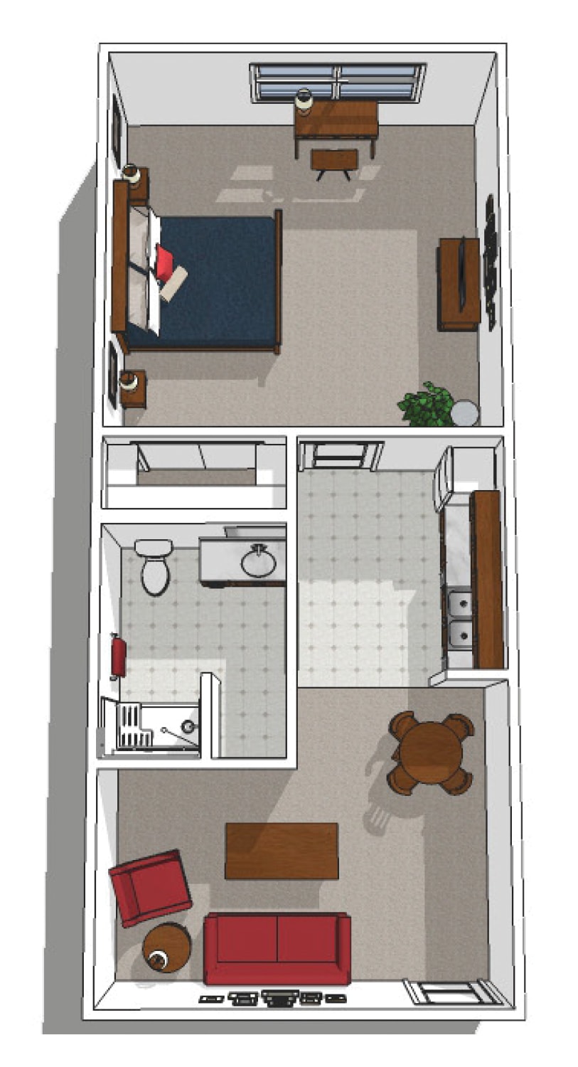 A floor plan of a compact one-bedroom apartment featuring a kitchen, bathroom, and living area.