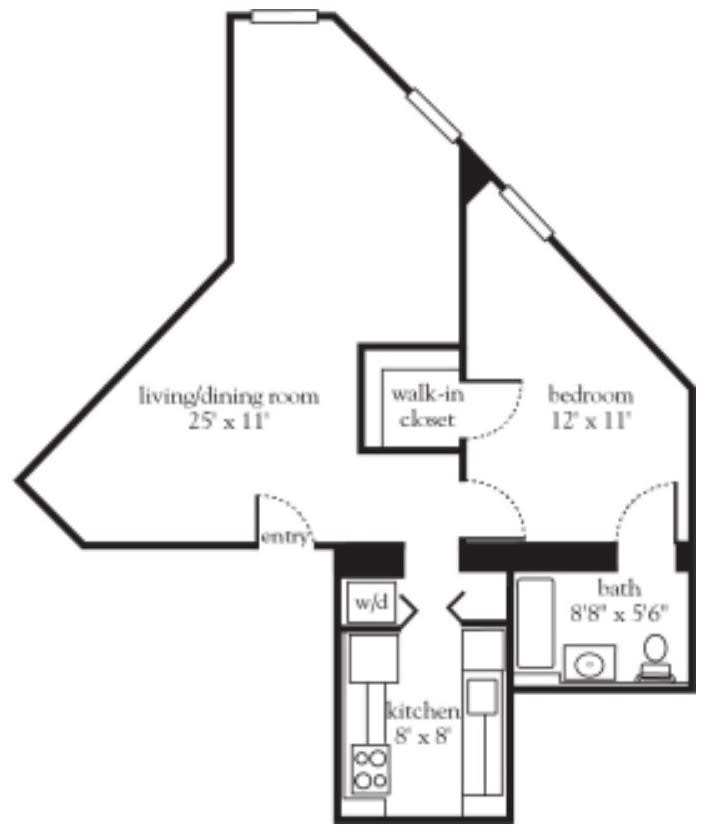 A floor plan showcasing the layout of an apartment with living/dining room, bedroom, walk-in closet, kitchen, and bathroom.