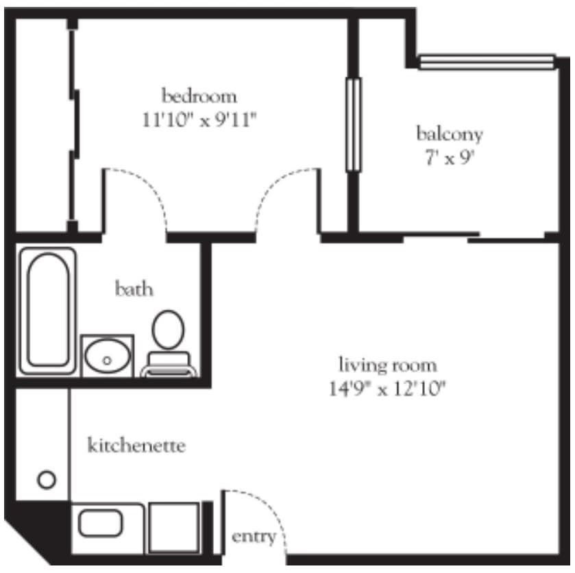 A floor plan of a one-bedroom apartment featuring a living room, kitchen, bathroom, and balcony.