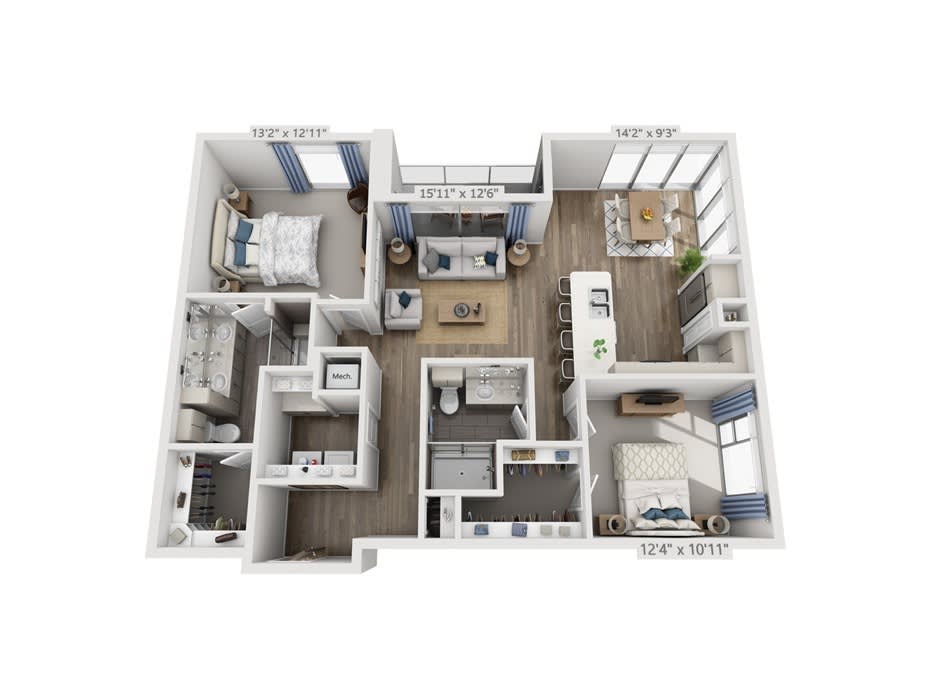 3D floor plan of a modern two-bedroom apartment.
