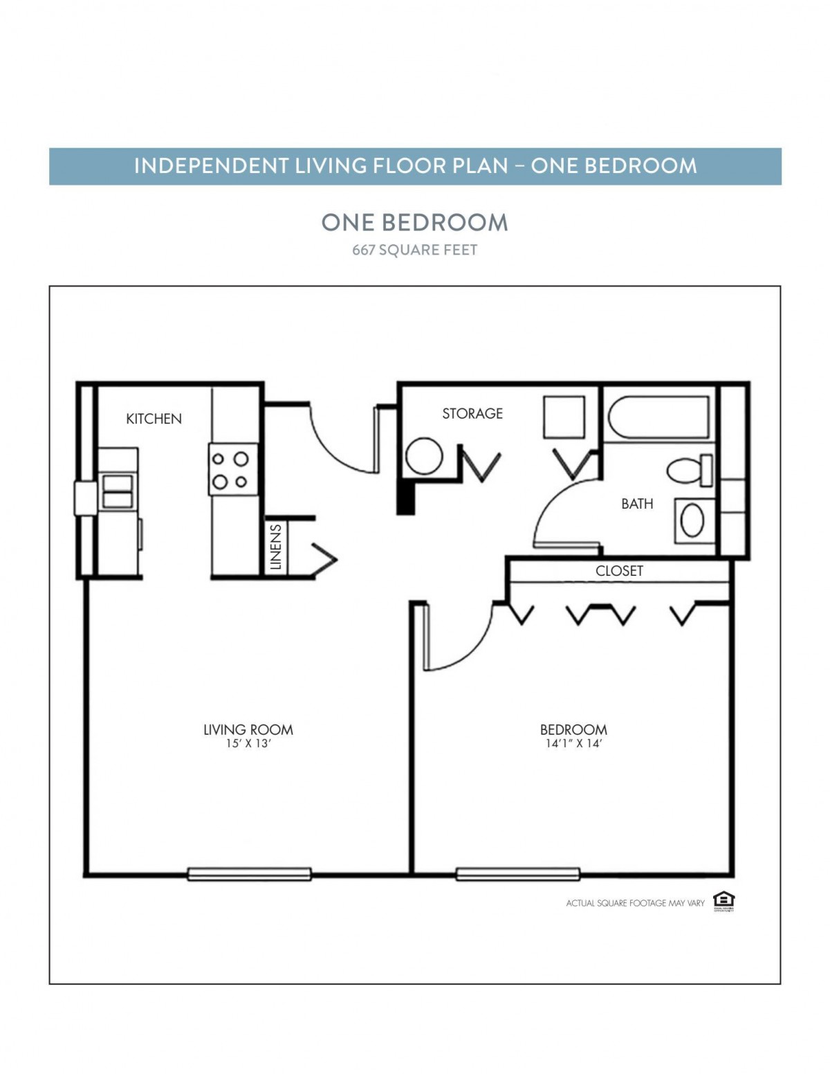 A floor plan of a one-bedroom apartment with designated areas for the living room, kitchen, dining, and bathroom.