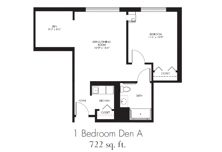 Floor plan of a one-bedroom apartment with a den, measuring 722 sq. ft.