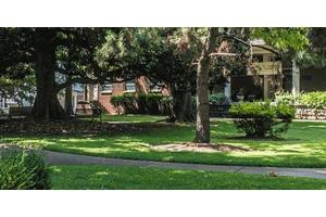 A serene garden area with lush greenery and surrounding buildings.