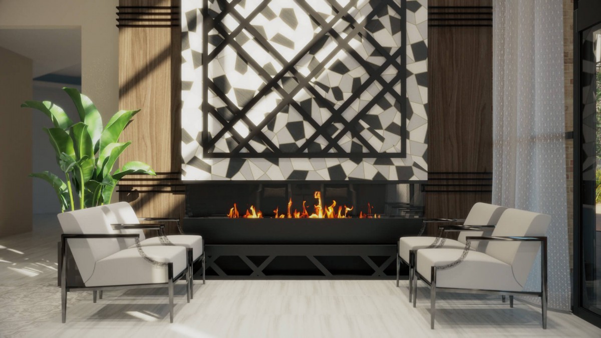 A modern interior with a linear fireplace and abstract art piece above, flanked by contemporary seating.
