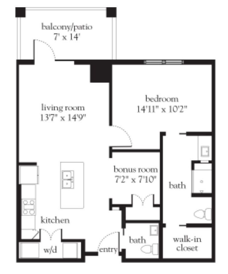 This is a floor plan of a two-bedroom apartment, featuring a living room, kitchen, bathrooms, and a balcony.
