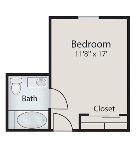 A floor plan showing a bedroom with attached bathroom and closet.